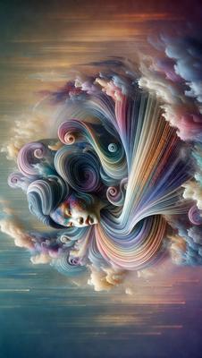 The primary subject of the image is a woman with long hair, painted in a vibrant and colorful manner. She is surrounded by a cloudy, colorful background, which adds to the overall atmosphere of the painting. The visual style of the image is a combination of digital art and illustration, creating a unique and eye-catching piece of art. The colors and mood of the painting are lively and energetic, with a focus on the woman's hair and the surrounding clouds.